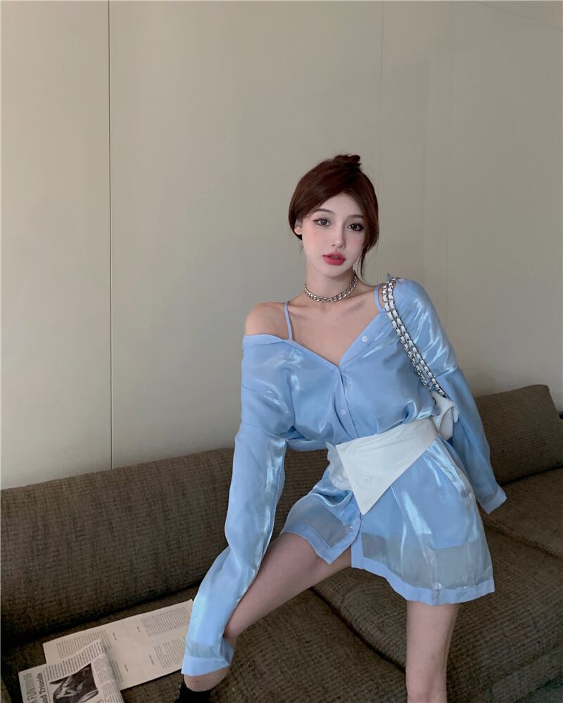 サマー薄手Vネックブルートップス ロング シャツ 夏物 ブラックストロベリース52660246771