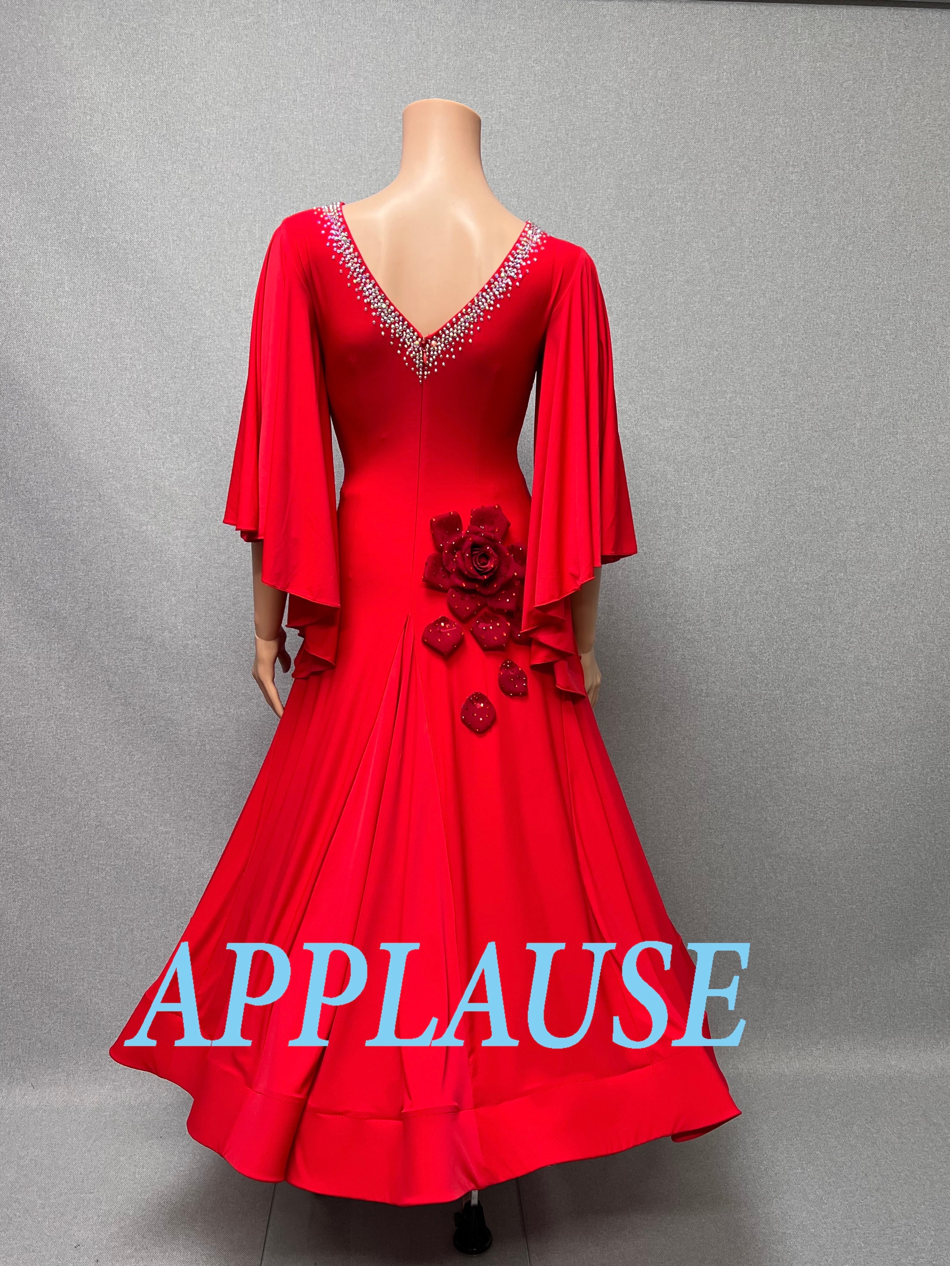 【新着】社交ダンス ドレス　モダン　スタンダード ドレス　ST-26-４　レッド（バラ）　M〜L　デモ・競技用ドレス　発表会　衣装　パーティドレス　ワンピース　舞台衣装