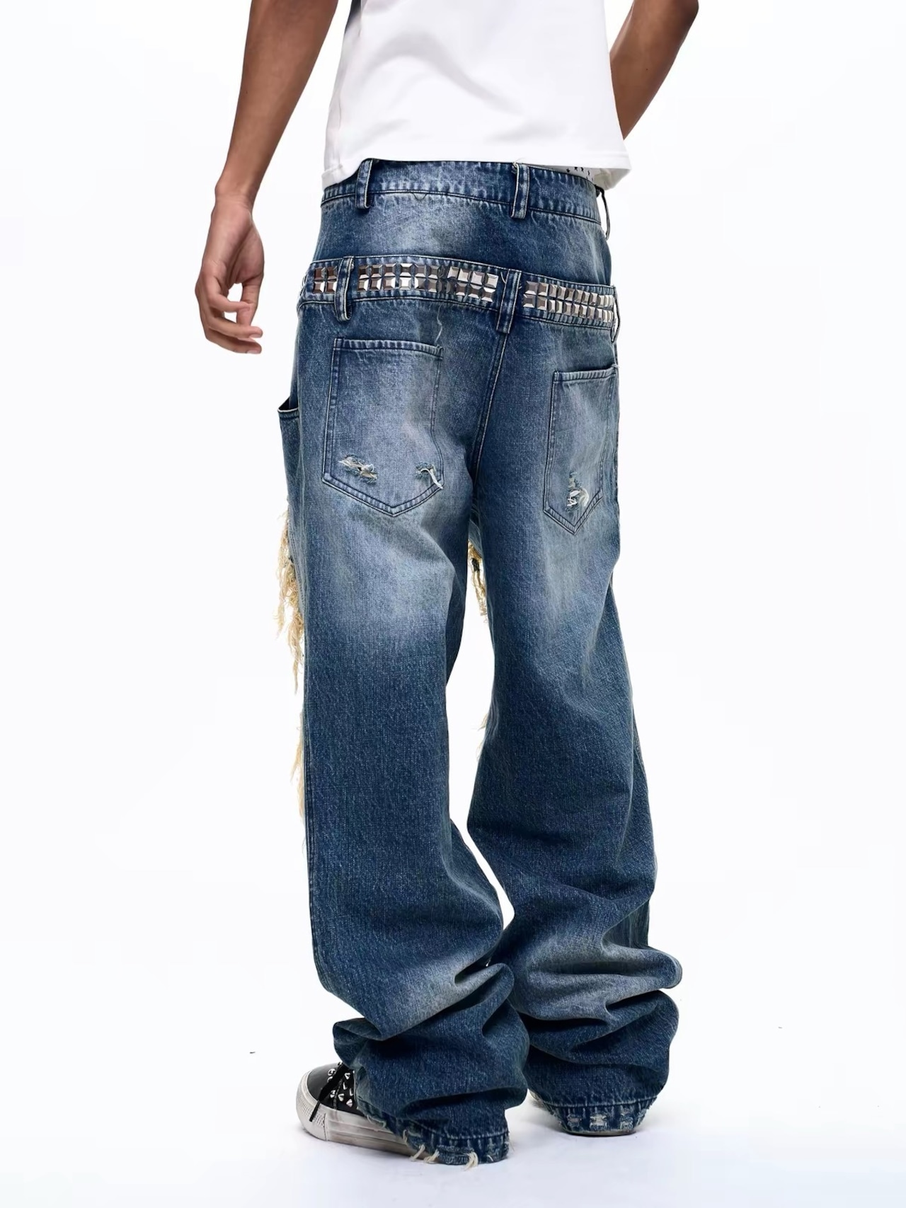 【Fourth3ex】Double Waist Distressed Denim Pants