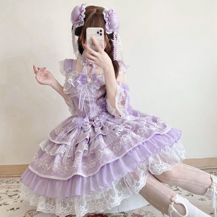 【韓嬢♥︎桃時雨】紫色 ゴスロリ・ロリータドレス フリル ロリィタJSK 甘ロリ プリンセスロリータ ドレス｜豪華フリル＆姫袖ドレス（ピンク