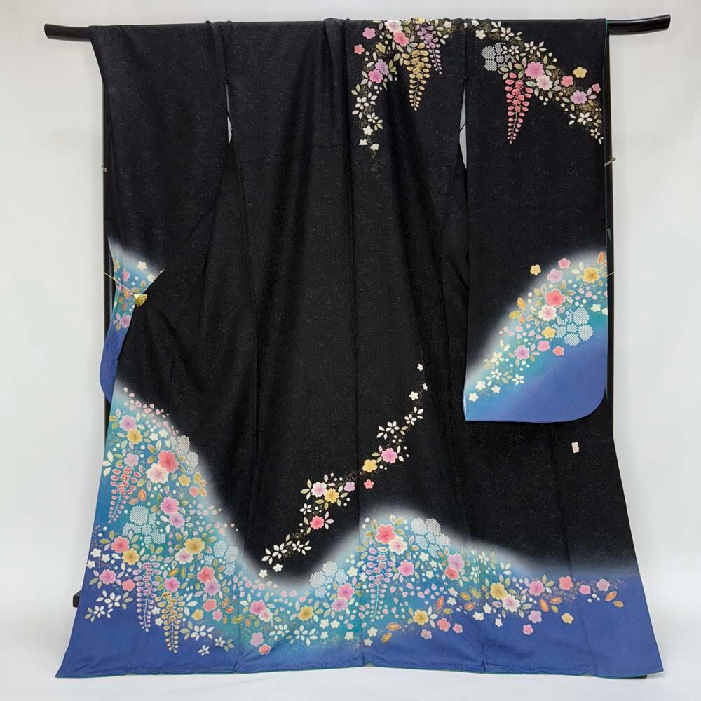 振袖 中古 黒 大きい 幅広 正絹 古典 裄72.2cm 身丈175cm 美品 2L サイズ 成人式 6743