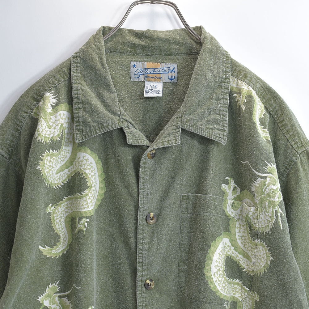 90s D.B. Jean Co. ディービージーンカンパニー ドラゴン 総柄 オープンカラー 半袖 コットン シャツ 龍 開襟シャツ ヴィンテージ カーキ ビンテージ アメリカ古着 メンズ XXL相当