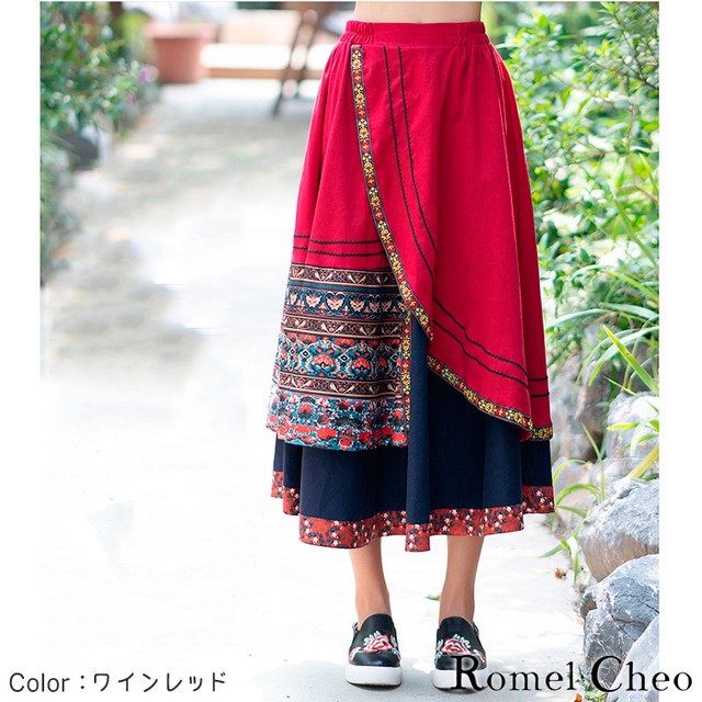 Romelcheo エスニック プリント アシンメトリー スカート レイヤード風 民族風 刺繍 ロング丈 レディース アジアン ファッション 綿麻 中華 風 チャイナ風 漢服 花柄 チロリ風 レトロ 大人可愛い ウエストゴム ロメルチェオ Romelcheo