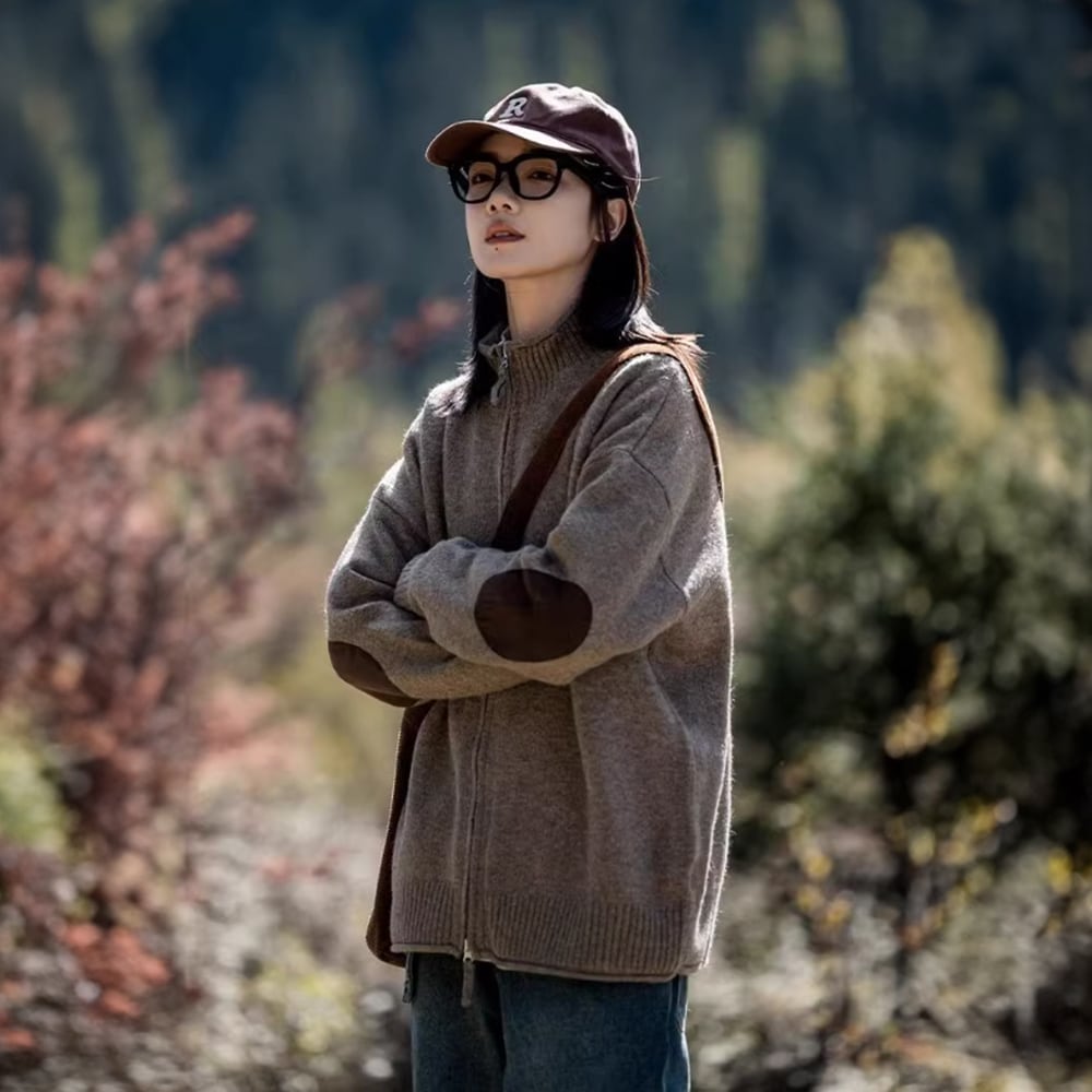 LINKABLE リンカブル　ボーダートップス　黒　エルボーパッチ　ニット　薄手 CLEA ニット セーター ボーダーショート丈ジップニットトップス