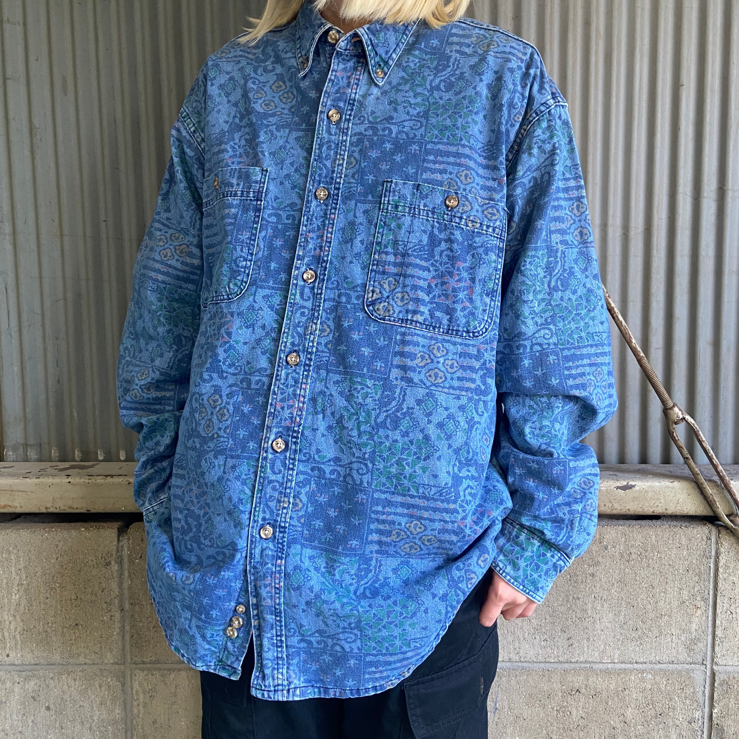 USA製 90年代 Eddie Bauer エディーバウアー 花柄プリント 長袖 デニム