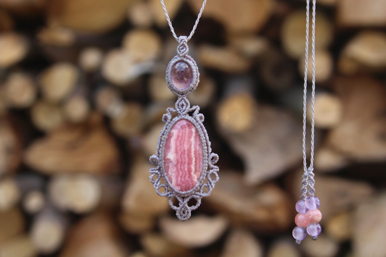 Rhodochrosite & Amethyst micro macrame pendant
