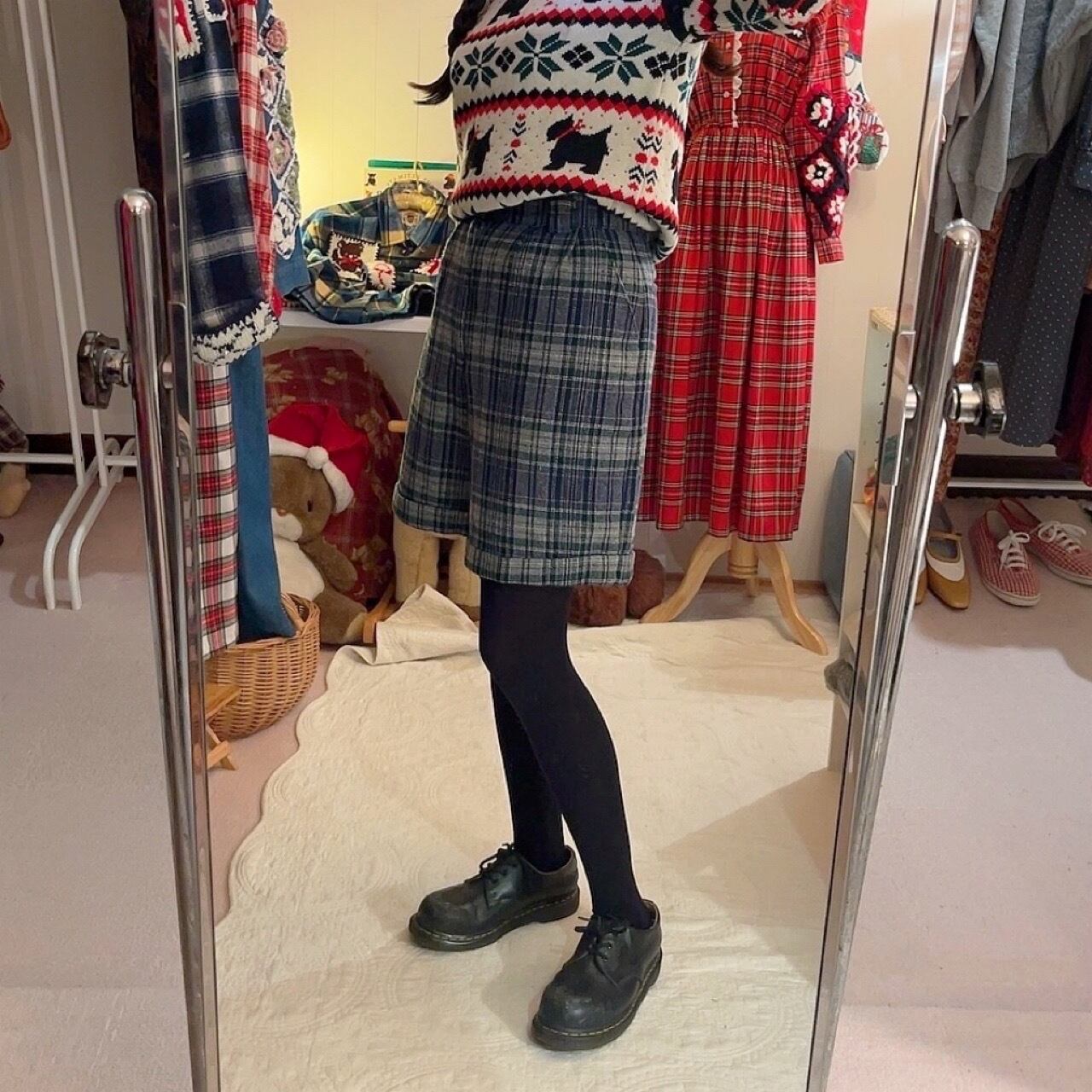 gold button blue check pants