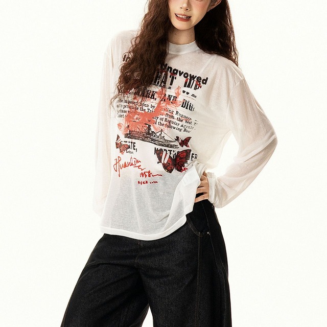バタフライコラージュグラフィックロングスリーブTシャツ 1col R02568