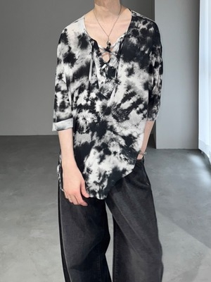 henry neck lace up marble shirt / black × gray