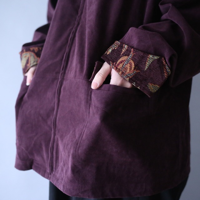 gobelins fabric switching and patchwork full-zip fake suede jacket