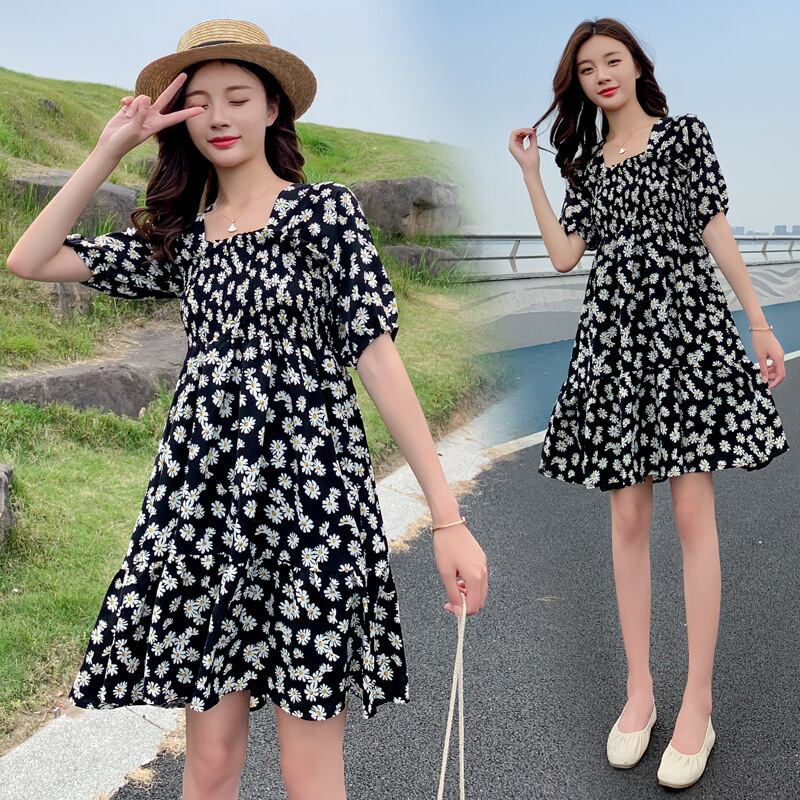 【新作】【送料無料】 マタニティウェア2020夏の新しいシフォン小さなデイジースクエアネックドレス、トレンディな母親のミドル丈で年齢を減らすマタニティドレス-アリババ サマー 夏物 スクウェア expec295636505422