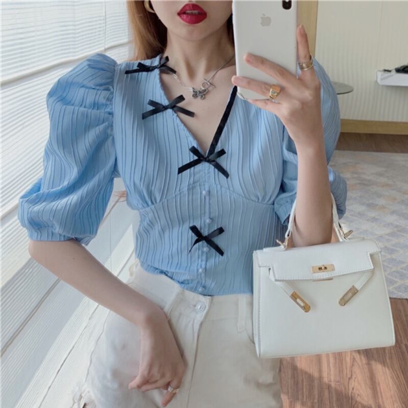 スタイルシャツ レディースサマーVネックスリーブショートトップス リボン 夏物 ハンチェンe80547142989