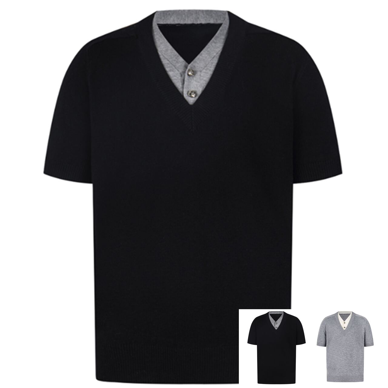 レイヤード カラー Vネック ニット Tシャツ グレー ブラック b25345 【M~XLサイズ】