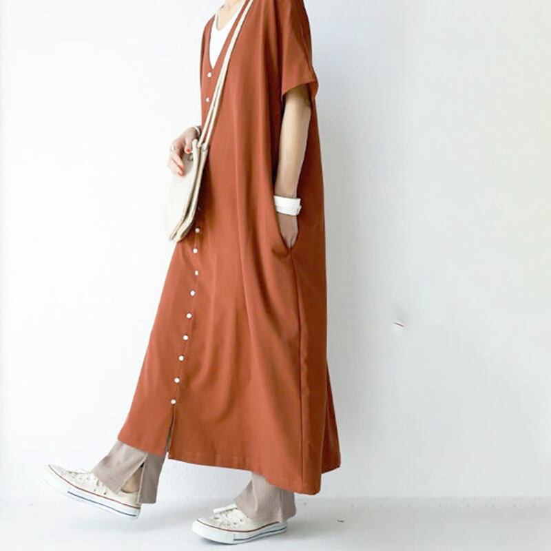 送料無料 ワンピース レディース ロング丈 マキシ カジュアル 半袖 大きいサイズ ワンピ Vネック かっこいい アンティカ ロングワンピース Primarc