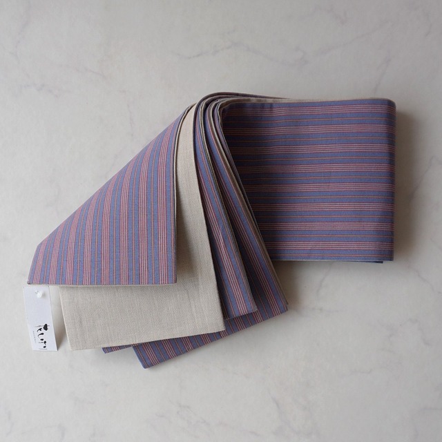 【半幅帯】縞×無地　リバーシブル　綿麻半幅帯　240618①