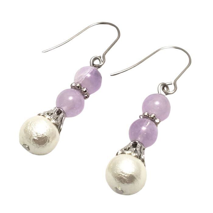 金運 パワーストーン ピアス ラベンダーアメジスト 2月 誕生石 コットンパール 天然石 癒し 健康運 恋愛運 天然石 お守り かわいい おしゃれ ホワイト プレゼント ピアス 金属アレルギー 対応 イヤリング変更可 アクセサリー
