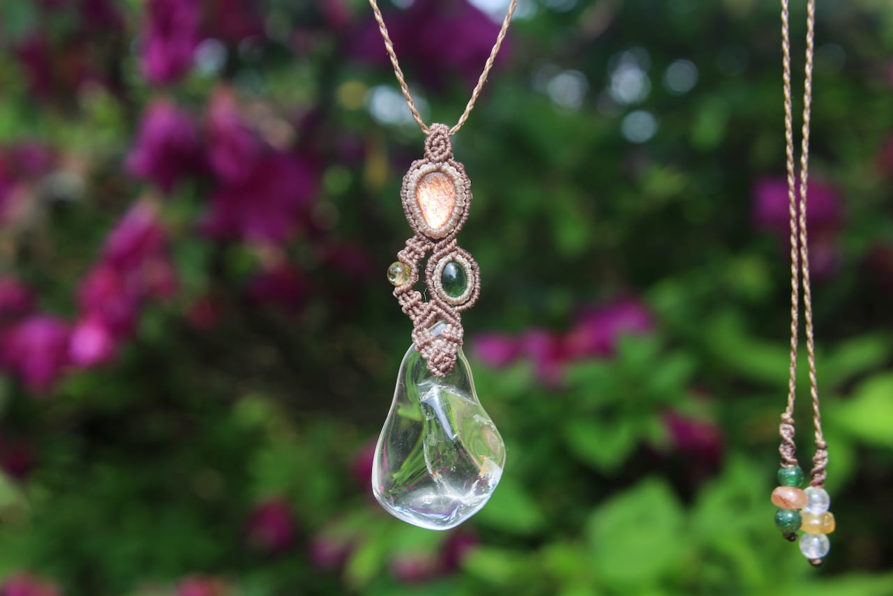 Healing crystal & Sunstone & Chrome Tourmaline micro macrame pendant