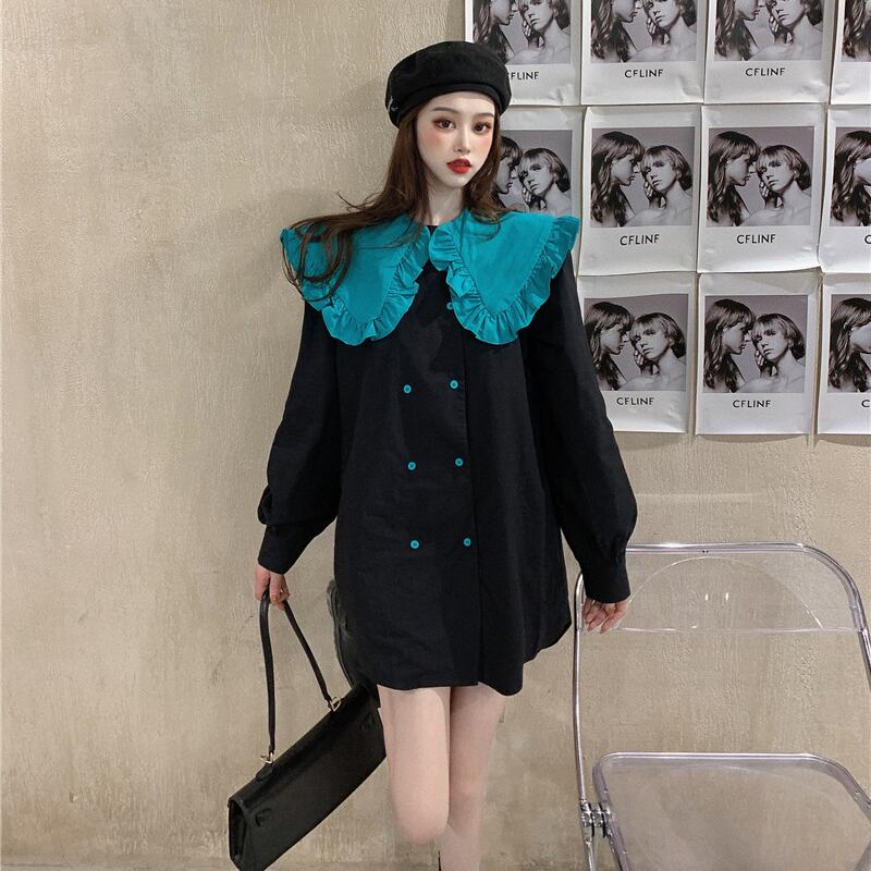 シャツ ドレス カラーホワイトショートスカート オータムウィンター薄手 ロング 秋物 冬物 ブラックストロベリース33260509890