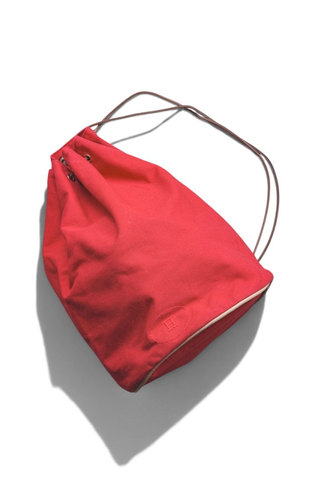 "HERMÈS" Polochon Mimile Rouge Canvas & Leather Drawstring Shoulder Bag — Size.GM