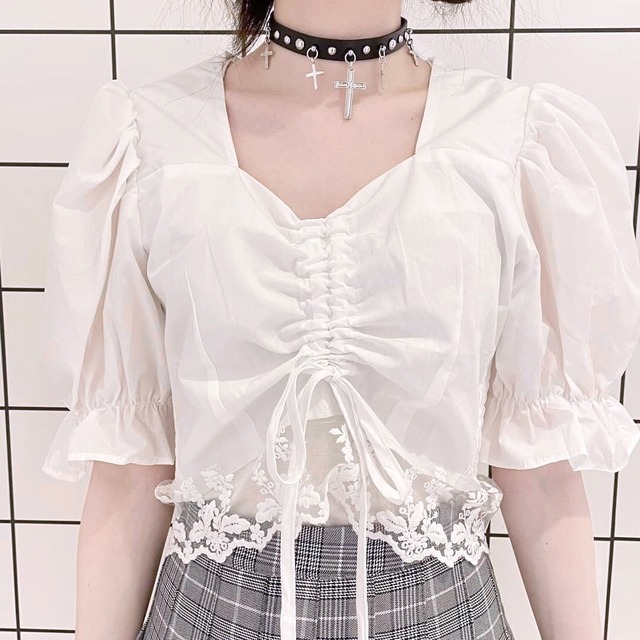 【10/1 完売→再入荷！】50%OFF★ふんわり袖 レース×ギャザー半袖トップス