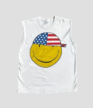 -FRUIT OF THE LOOM- Vintage 90s L Smile Print No Sleeve T-Shirt made in USA
