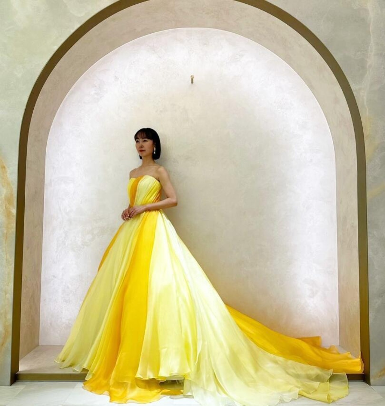 2WAYドレス カラードレス イエロー オフショルダー サッシュベルト  