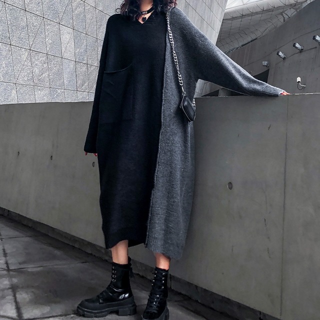 レディース モード系 ニット ワンピ バイカラー フード パーカー ミモレ丈 大人きれいめ シック オルチャン 原宿系 代 30代 モード系 ファッション専門店 With U