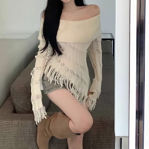 フリンジデザインオフショルトップス