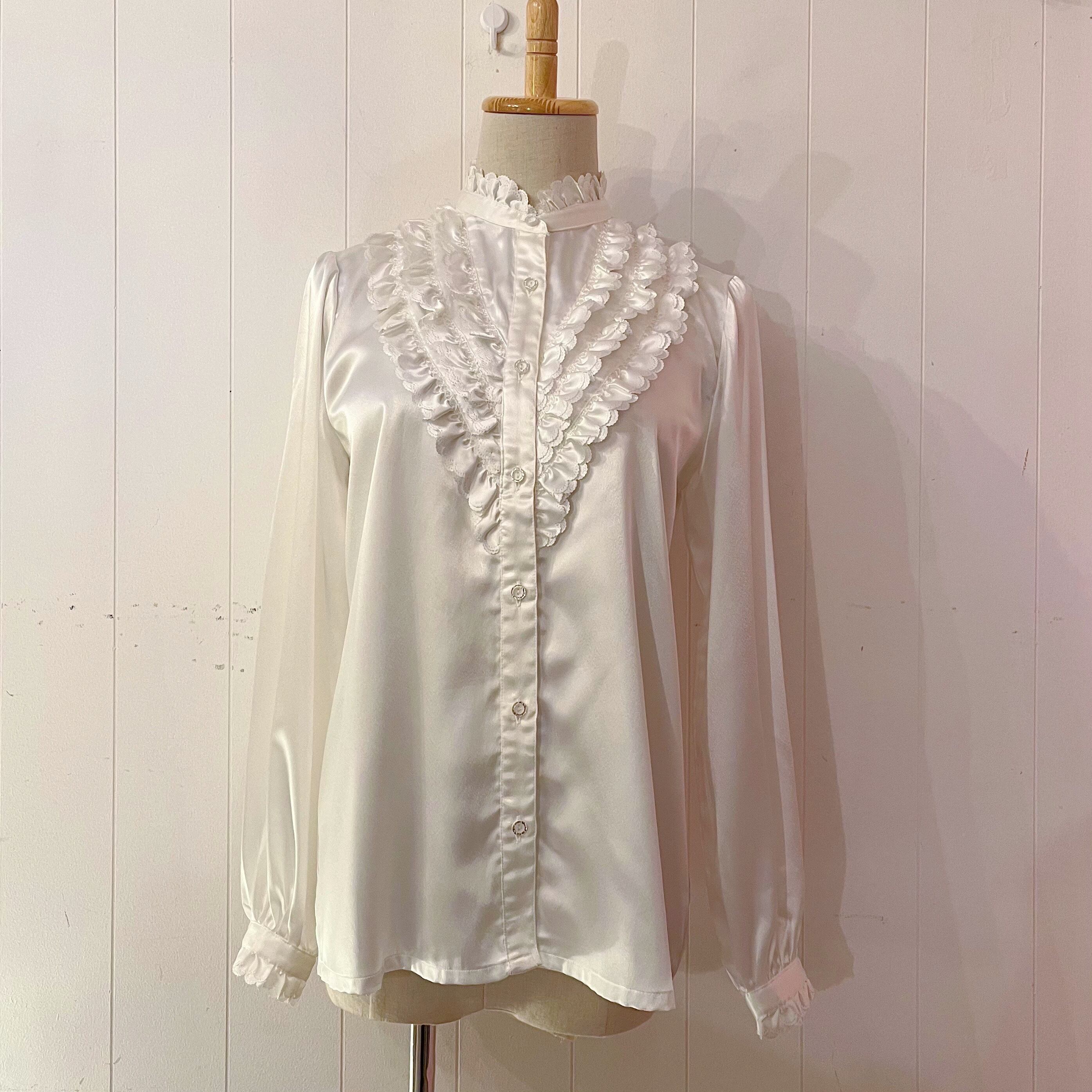 white frill stand collar blouse