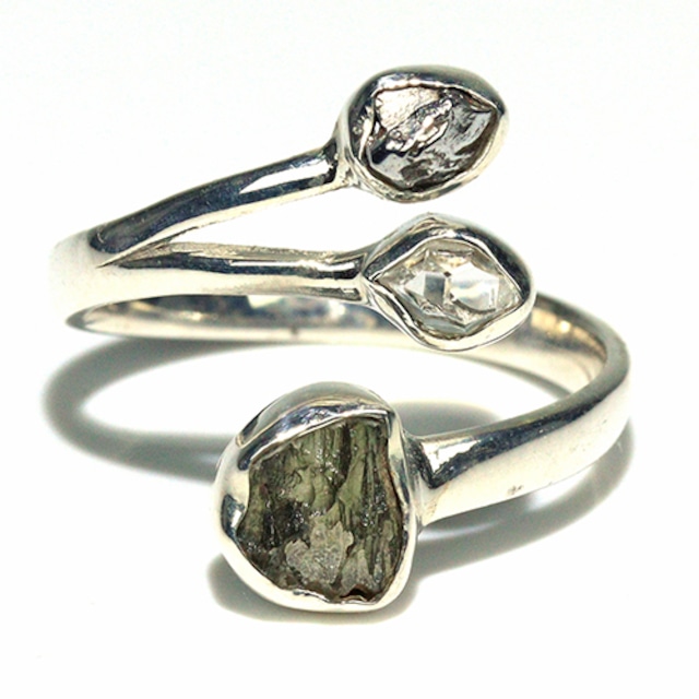 〔R469-6〕天然モルダバイト 鉄隕石 ハーキマーダイヤモンド sv925 リング 指輪 サイズフリー meteorite