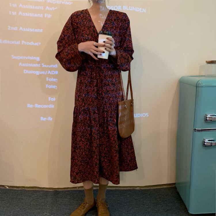 スタンダードウェストフローラルスカート 薄手Vネックスプリングドレス レディース ロング レトロ 春物 花柄 ビッグFスモールZ韓国58384089780