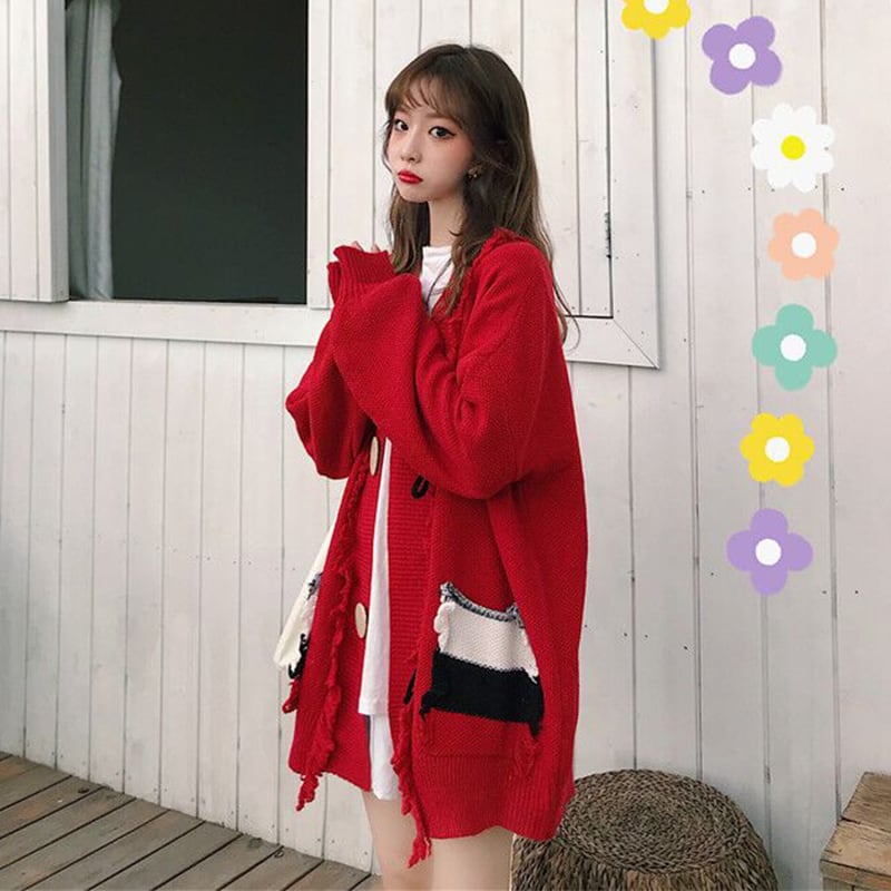 スタイルルーズレイジーセーターレディース秋冬ウェアeignairsuポケットVネックニットカーディガンミドル丈トレンド 萌量不足4017132076