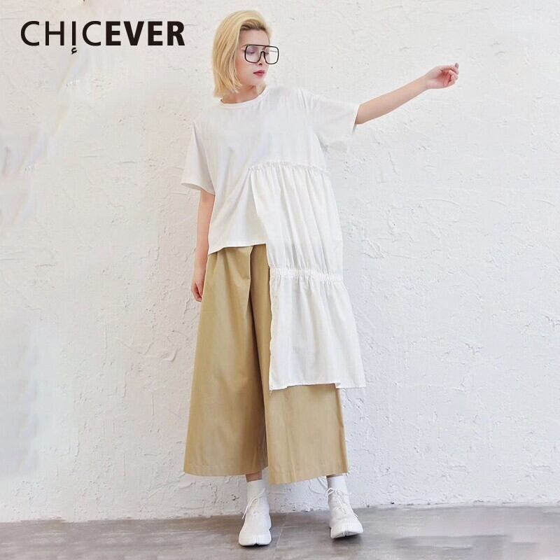 CHICEVER春パッチワーク不規則な裾の女性のTシャツOネック半袖ルーズスリムトップ2020タイド ショート ハーフスリーブ スプリング 春物 6base587123680666