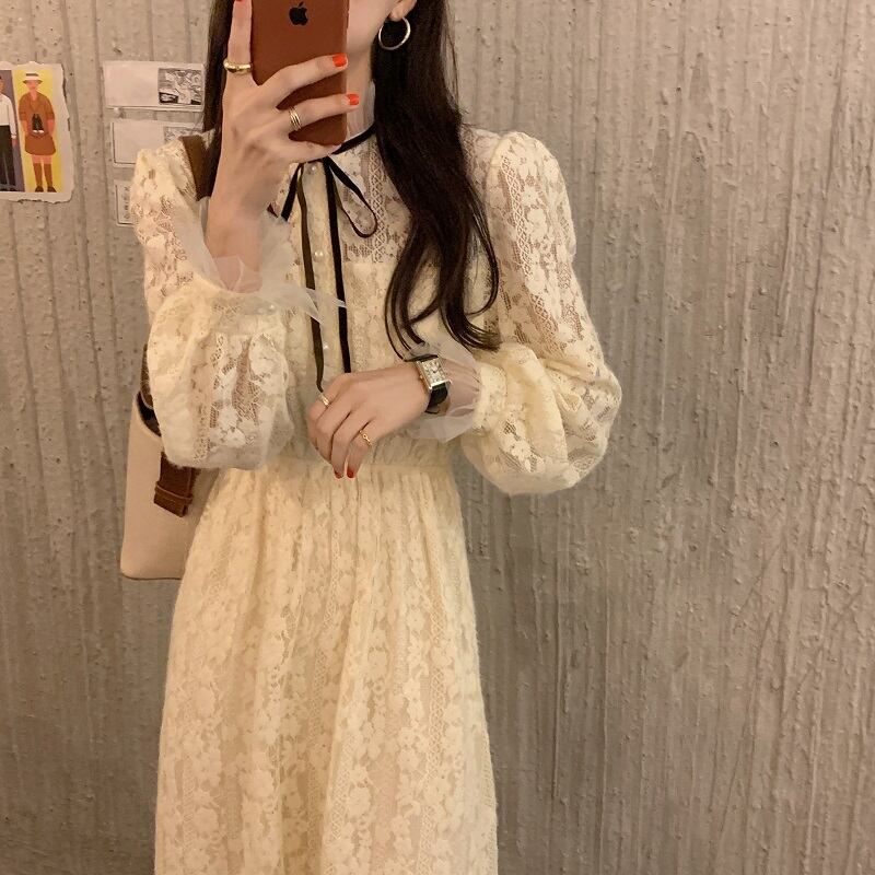 レースドレス 長袖スリーブシングル ロング リボン 大人ガーリー スウィート キュート カジュアル ビッグFスモールZ韓国84968329645