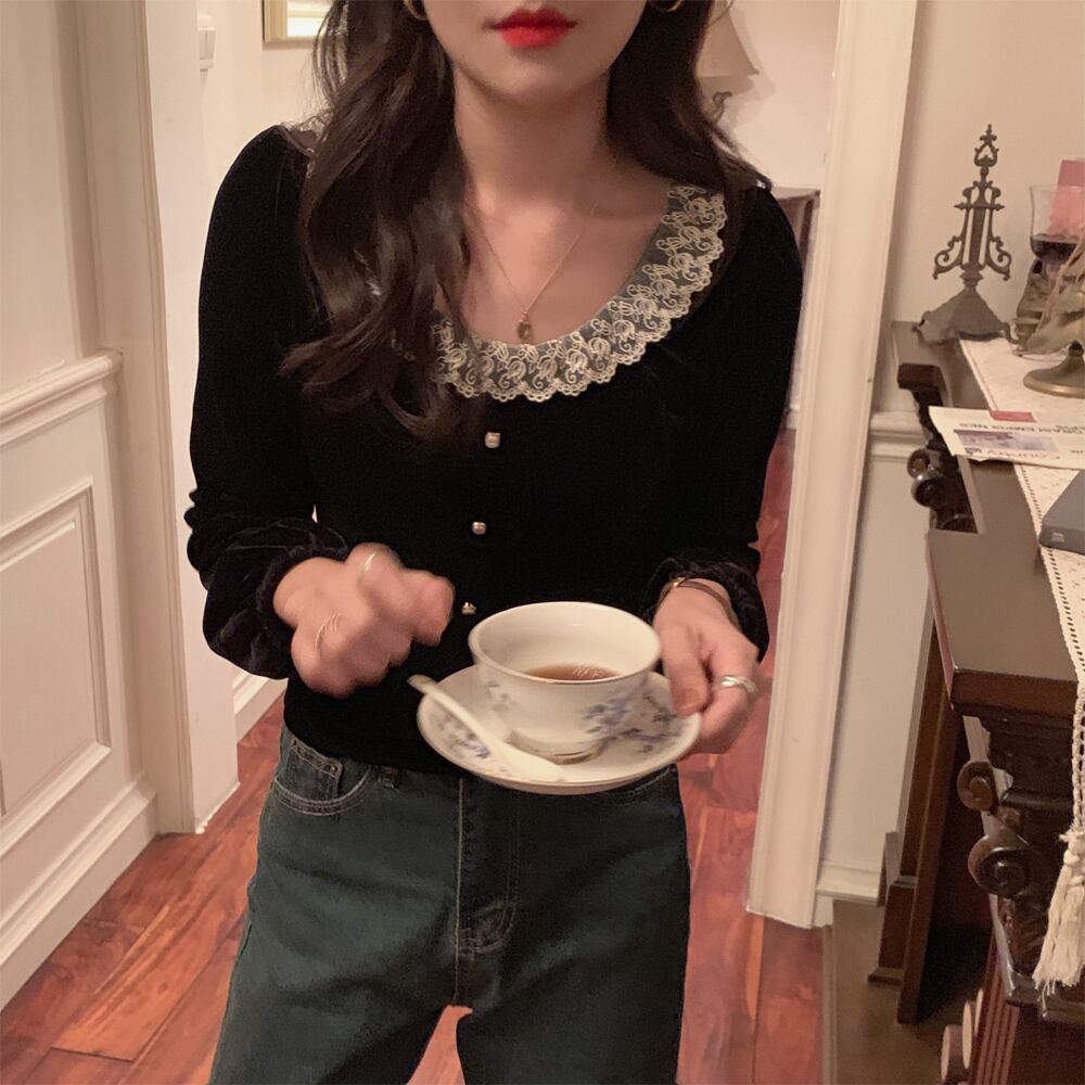 レースラウンドネックブラウス 薄手スリムベルベットシャツ スプリングレディース ロング 春物 Oネック ビッグFスモールZ韓国89833272920