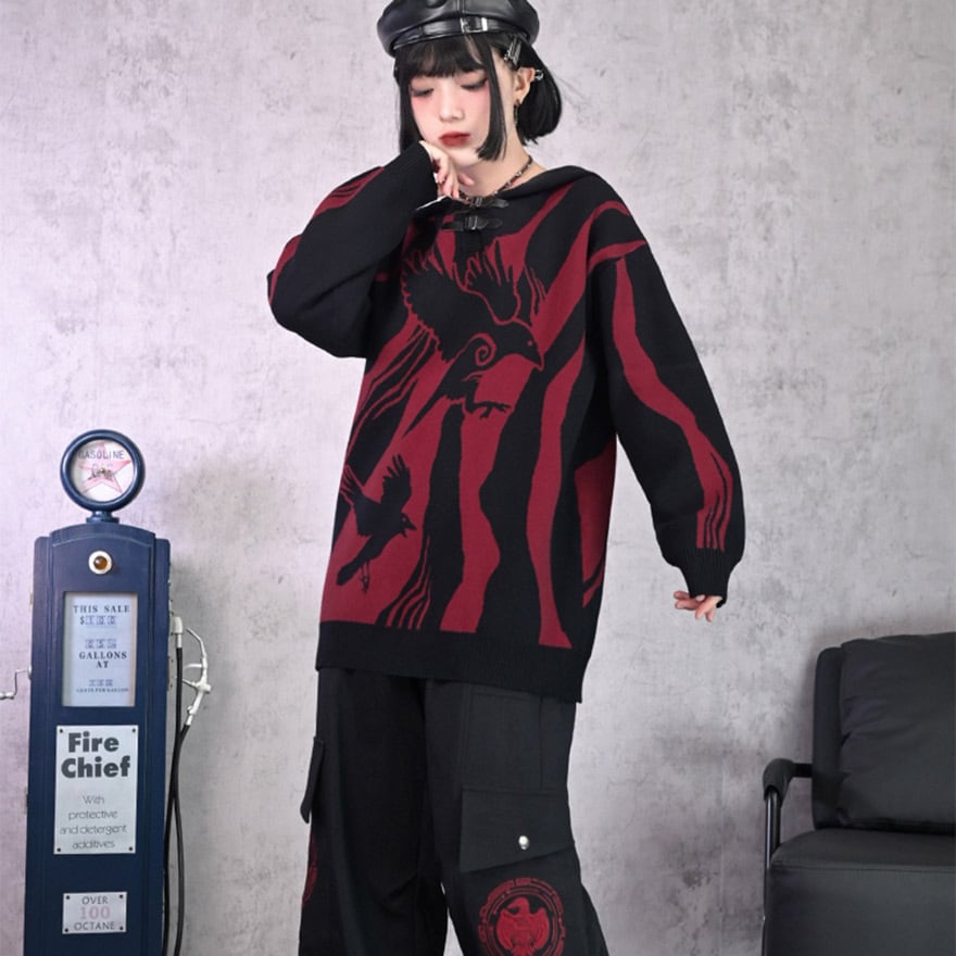 ゴスロリファッション 地雷系 通販 ニット セーター 鴉柄 秋 冬服 古怪舎