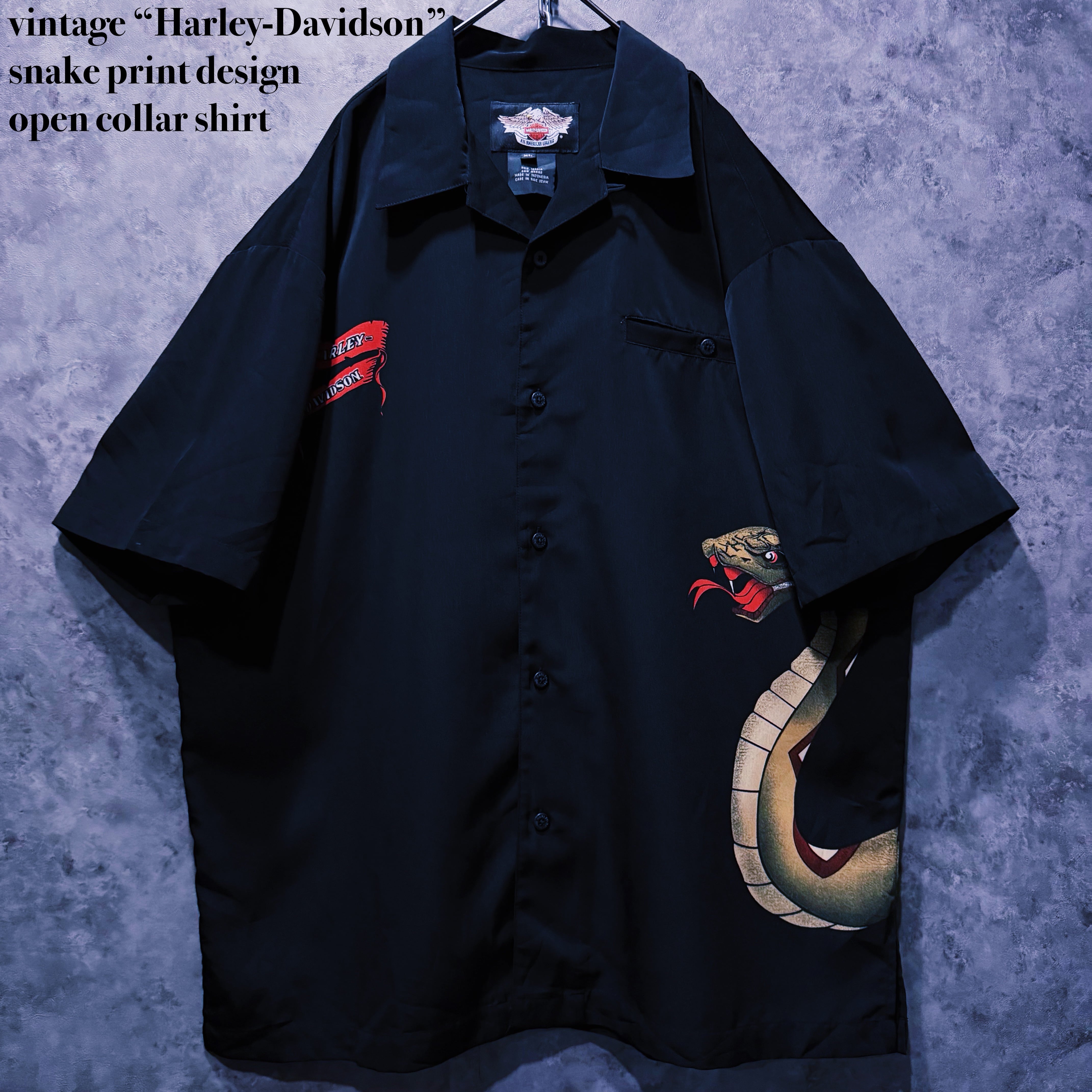 【doppio】vintage “Harley-Davidson” snake print design open collar shirt
