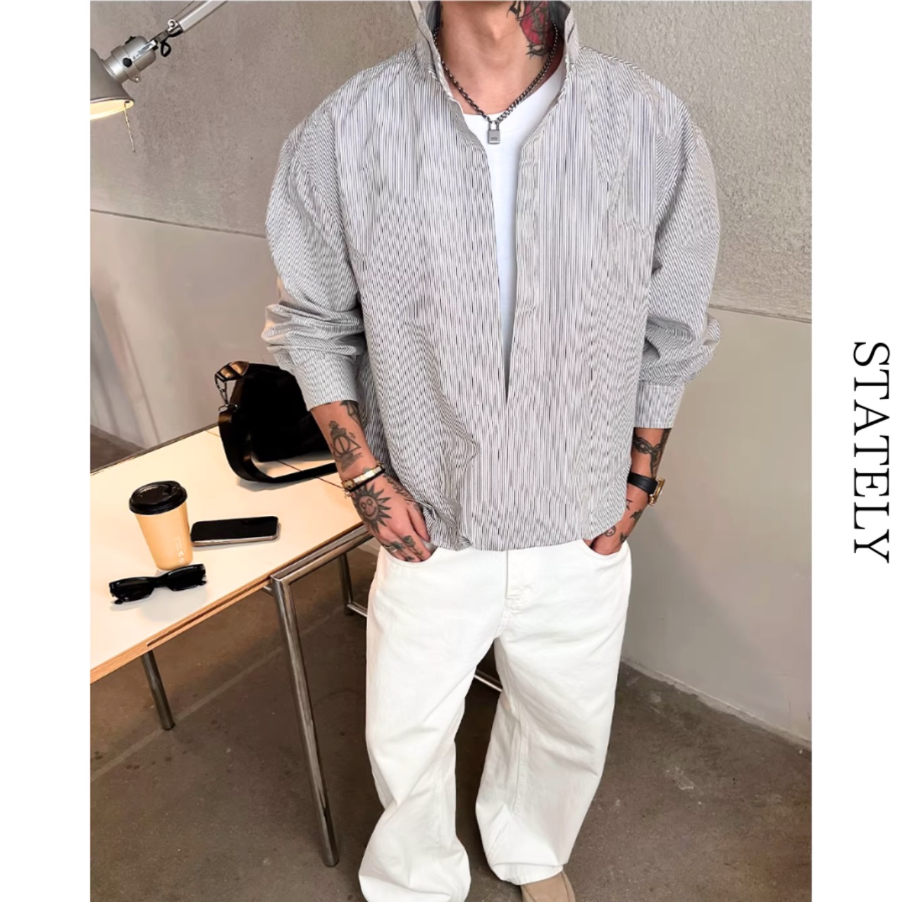 Pinstripe Stand シャツ/2color_T148・画像2