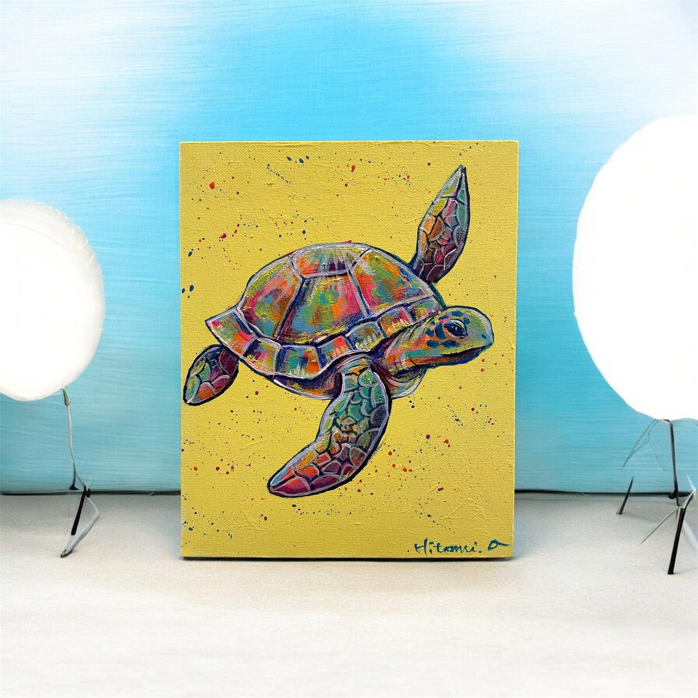【原画　亀　動物画　絵画　アクリル画　現代アート　細密画　手描き　一点物】 A-103/26】原画 絵画 動物画 ウミガメ カラフル キャンバス 真作
