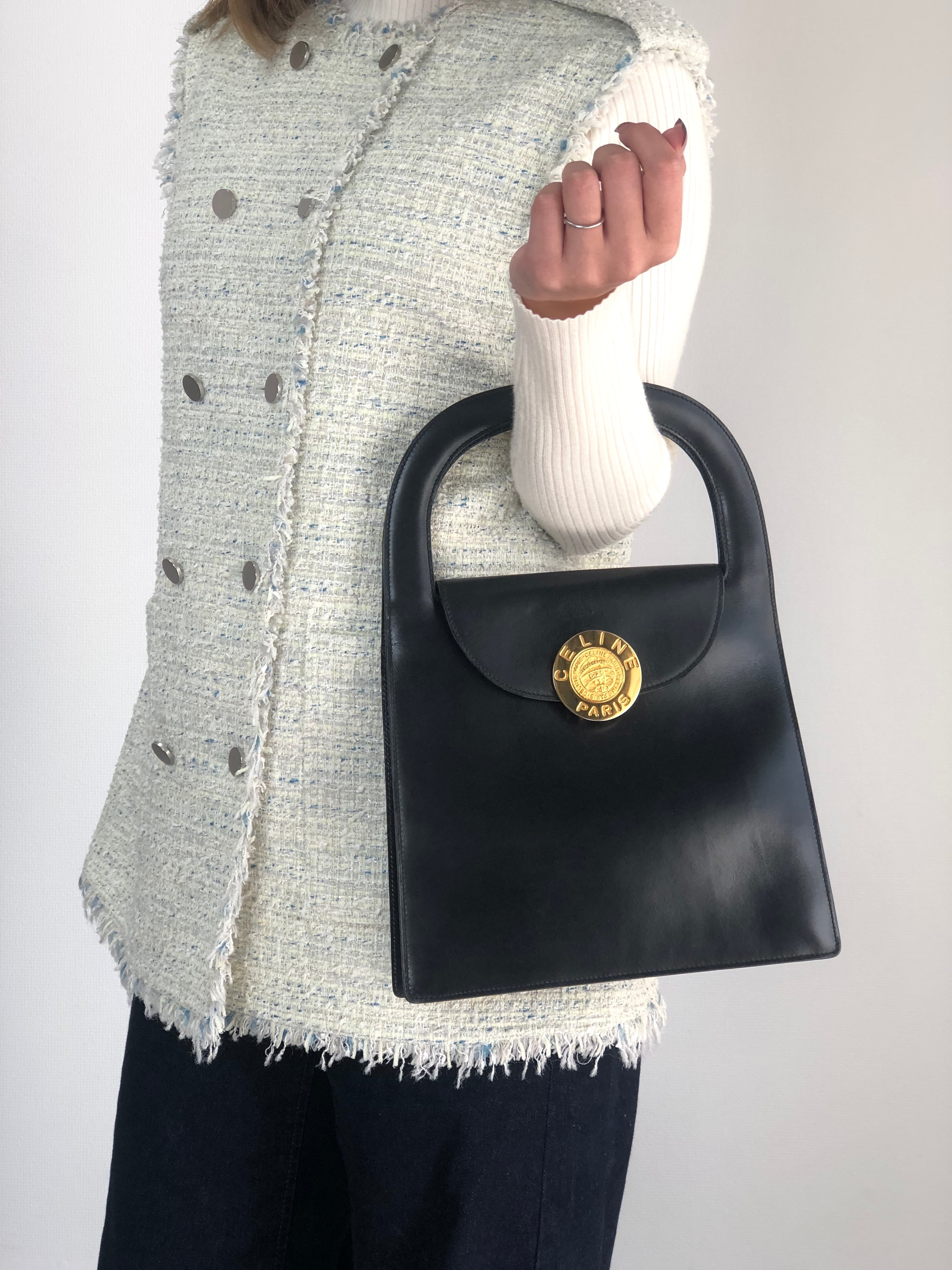 CELINE セリーヌ ハンドバッグ ブラック コインモチーフ レザー トップハンドル vintage ヴィンテージ オールド f4rr4a