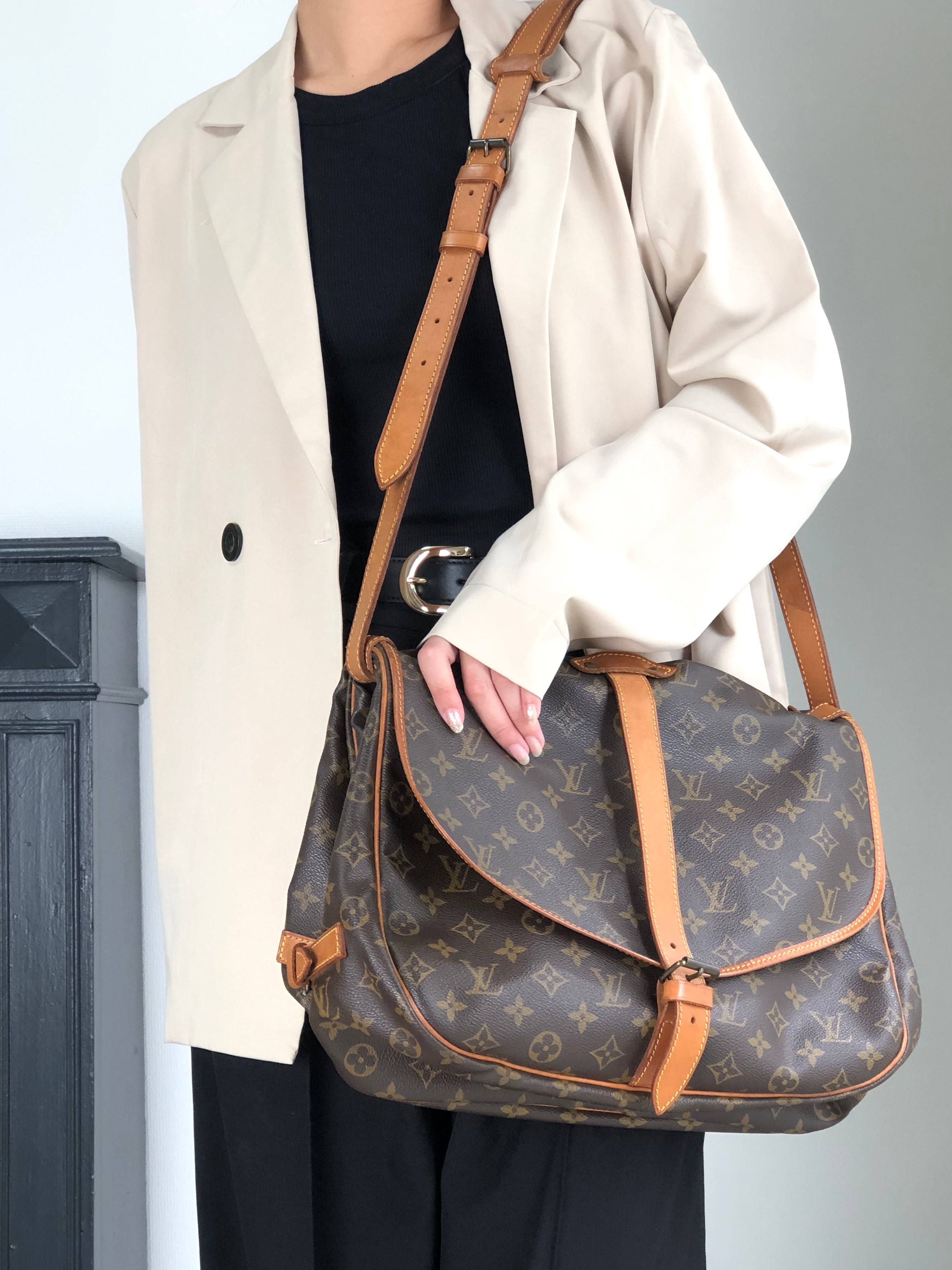 LOUIS VUITTON ルイヴィトン モノグラム ショルダーバッグ ブラウン PVC レザー ソミュール 30 M42256 vintage ヴィンテージ オールド 38nfh4