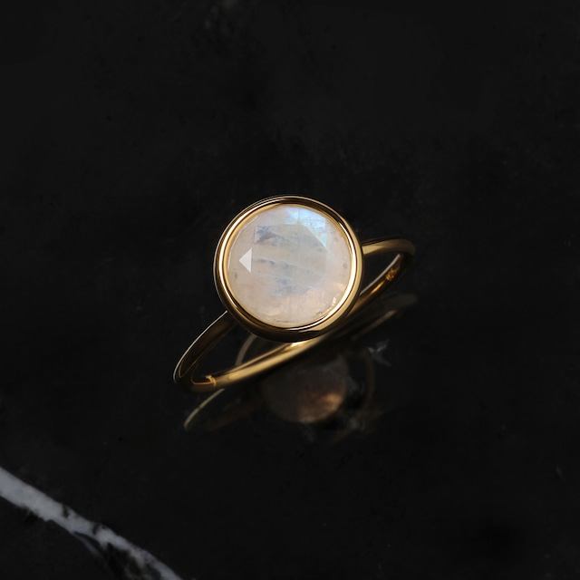 S925 ROUND STONE THIN RING -RAINBOW MOON STONE-