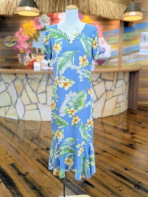 【Two Palms 】ハワイアンミディ丈ドレス [Tuberose Blue]