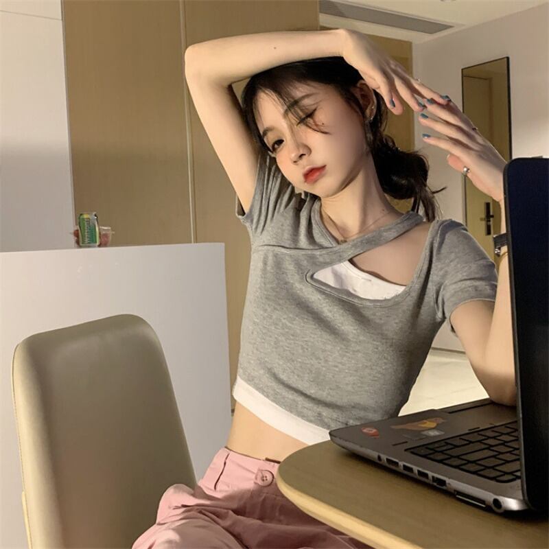 Tシャツ サマーグレーショートトップス 夏物 ブラックストロベリース9874759988