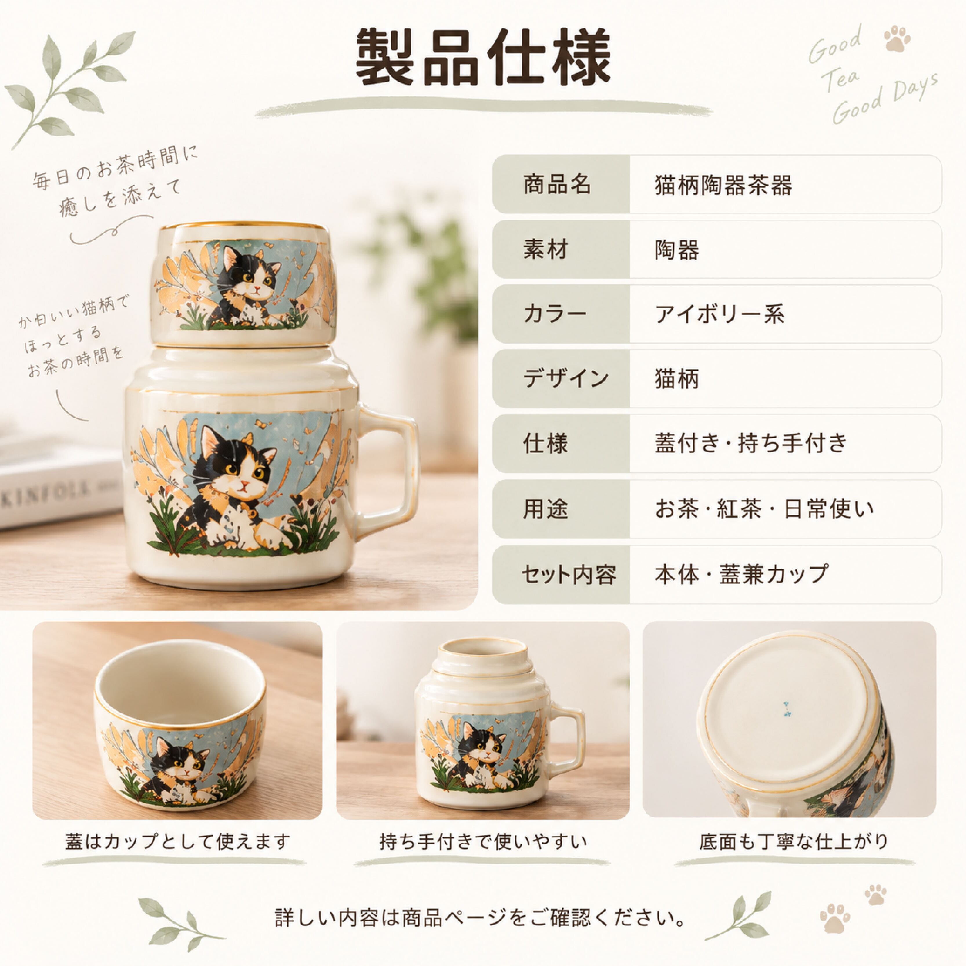 HY 1130 .猫柄陶器茶器 蓋付きマグカップ 急須風ティーカップ