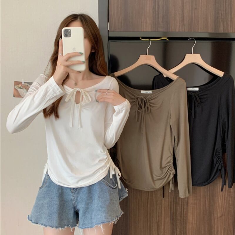 薄手トップス シャツ オータムVネックTシャツ ロング 秋物 萌量不足78804341013