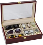 メガネケース　メガネ収納　アクセサリー収納　コレクションボックス　小物入れ　メガネ　眼鏡　サングラス　６枠　ユニセックス　女性用　男性用　赤　ロック付き　木製　ガラス　おしゃれ　高級感　かっこいい　ギフト　父の日