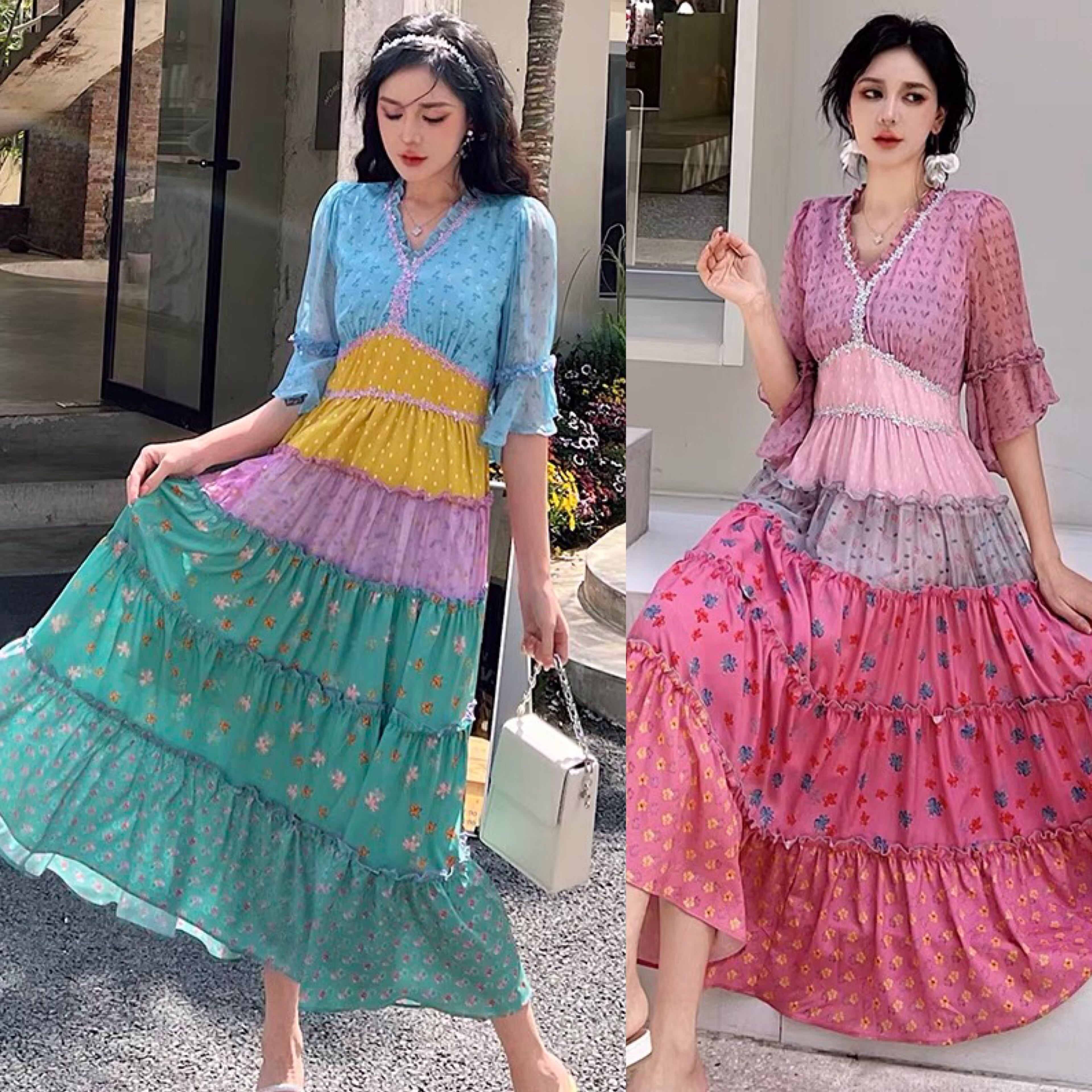 ワンピース グラデーション ピンク 赤 緑 ワンピース ガーリー ライン