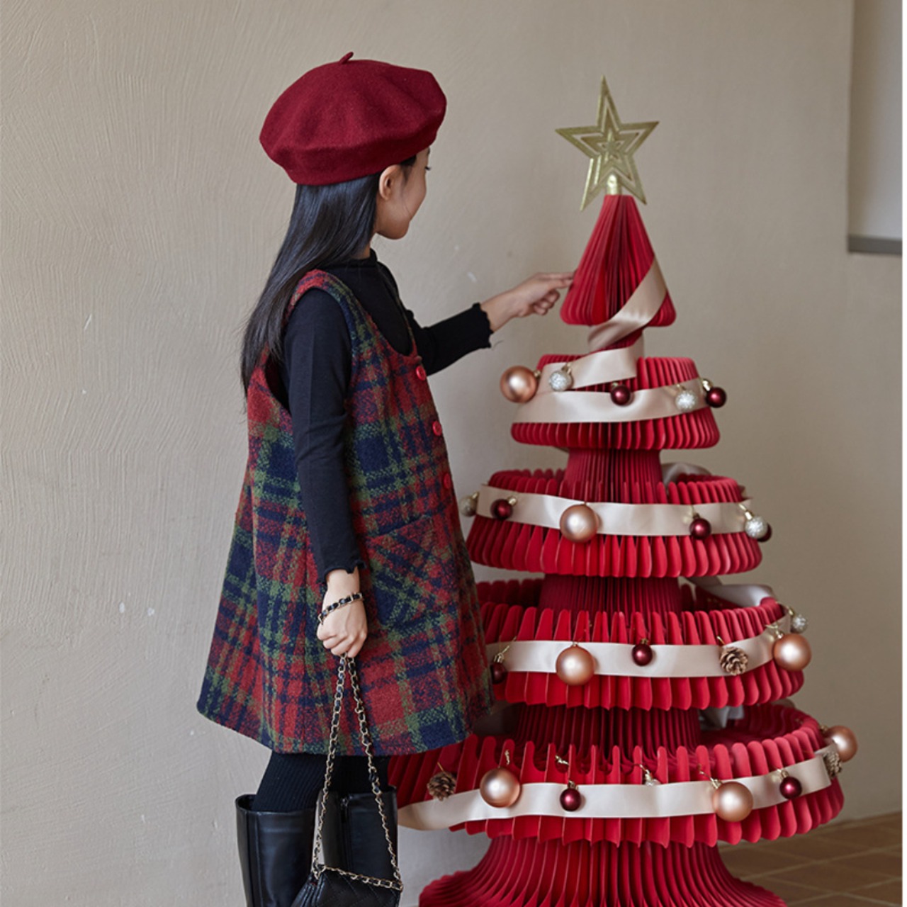 クリスマスレトロチェック柄ベストワンピース