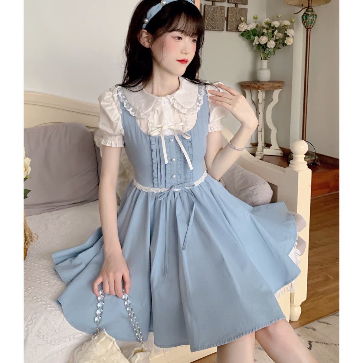 ワンピース デニム 水色 ワンピース リボン 上品 発表会 エレガント 赤